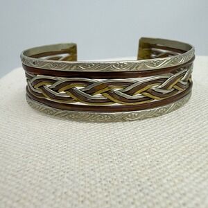 Mixed Metal Braided Cuff Bracelet Copper Brass Silver Tone Boho Etched Floral